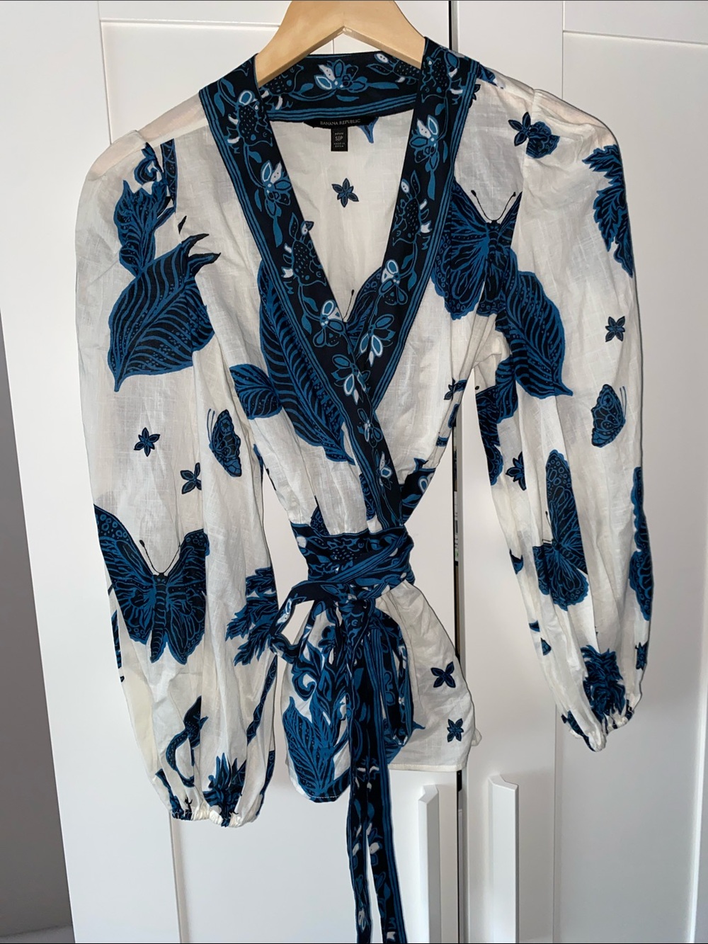 Banana Republic White Wrap Blouse with Blue Floral & Butterfly Print